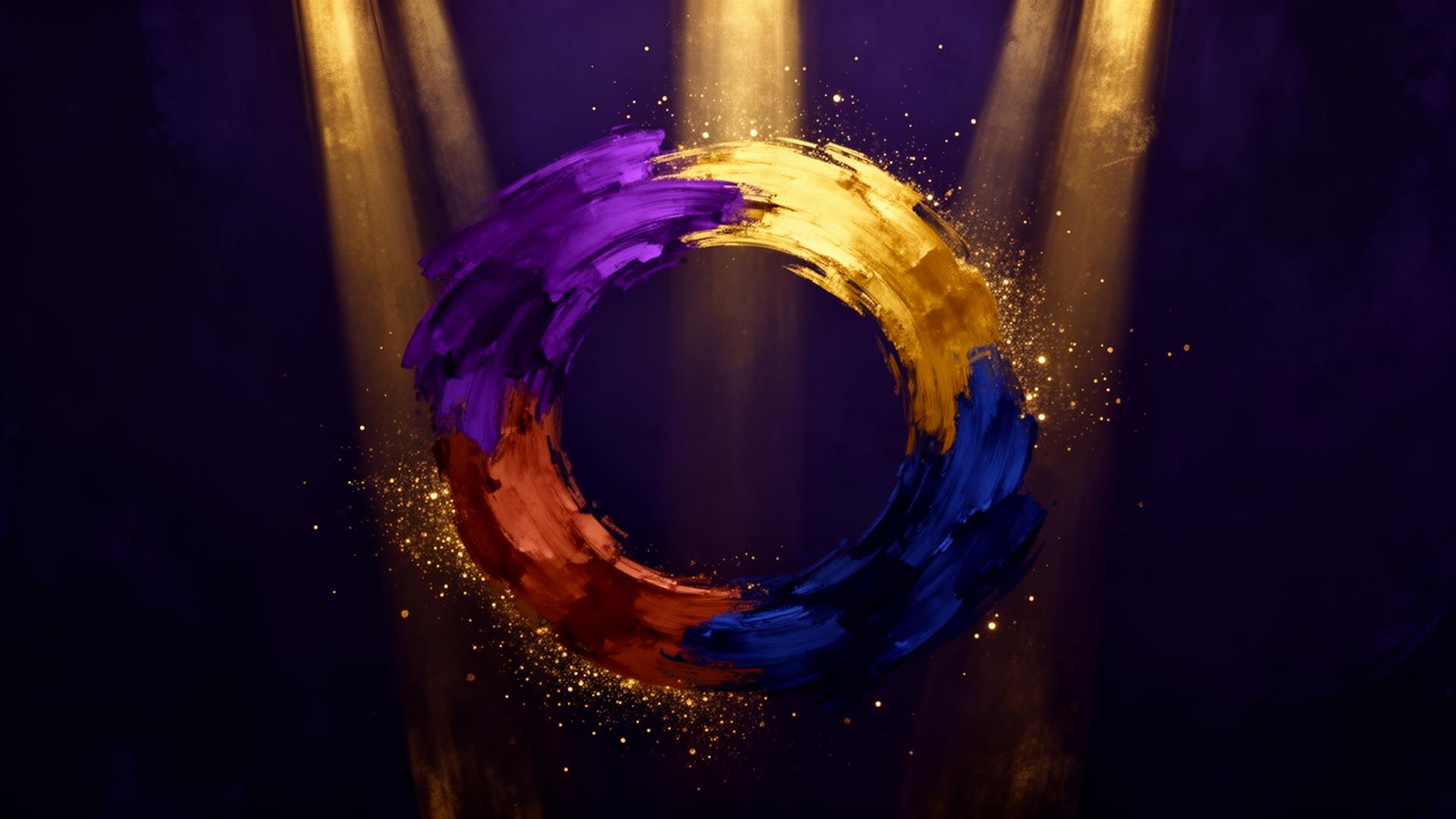 A painterly color wheel under gold spotlights